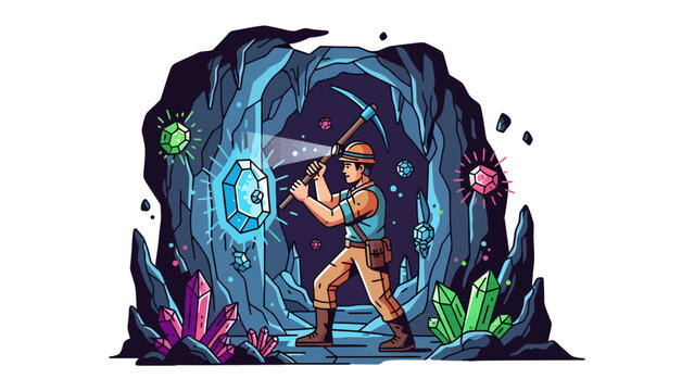 Gemstone Mining Adventure: A determined miner extracts luminous gemstones from a mystical cavern, surrounded by glowing crystals and the deep allure of the earth's treasures.