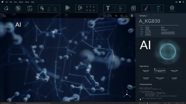 Advanced AI Software Interface Analyzes Microscopic Cancer Cells and Tumor Molecules, Targeting Disease Patterns to Accelerate Drug Development, Medical Treatment. Mockup Future Health Care Concept