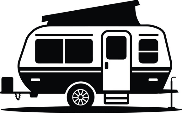 Iconic black and white vector silhouette of a retro travel trailer with a pop-up roof parked for a peaceful road trip.