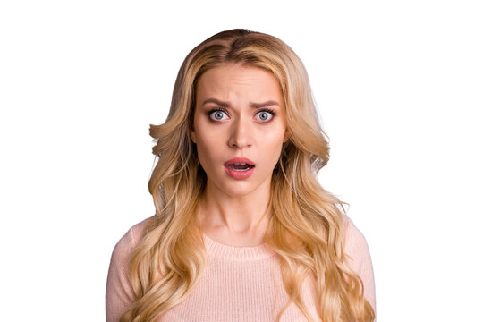 Close-up portrait of her she nice-looking attractive lovable cute worried nervous wavy-haired girl panic expression isolated over gray pastel color background