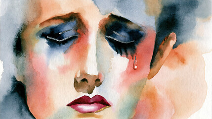 Fototapeta premium Woman's face with watercolor effect and tear