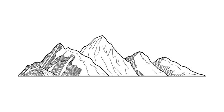 Hand drawn ink sketch of a mountain range with peaks and rocky slopes for nature design projects showing a classic outdoor landscape illustration style