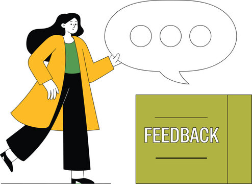 Professional woman in a stylish yellow coat proactively shares thoughts using a speech bubble next to a green feedback box.