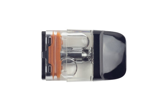 Vape cartridge with e-liquid, isolated from the background.