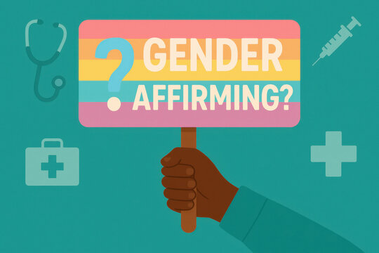 Flat illustration of diverse hand displaying card with gender affirming text against medical clinic and healthcare symbol background reflecting an inquisitive and hopeful emotional expression