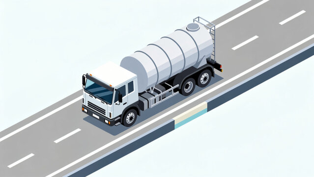 Gray tanker truck driving on a modern highway with multiple lanes and white dashed lines, showcasing transportation and logistics in a clean, clear scene