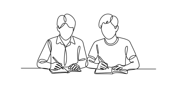 Two young male students sitting together at a desk writing in their notebooks as a continuous single line drawing illustration for education and study concepts