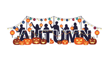Fototapeta premium Autumn Festival Celebration: A vibrant illustration depicting the word AUTUMN adorned with festive string lights, glowing lanterns, and cheerful jack-o'-lanterns.