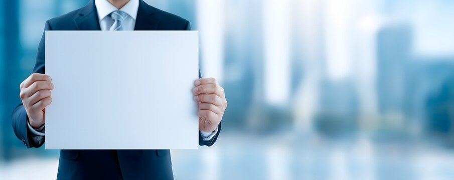 Anonymous professional man holding an empty placard for copy space, corporate business and urban lifestyle marketing concept.