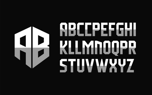 Professional bold geometric typeface set with a hexagonal logo displaying futuristic power with sharp shaded studio lighting.