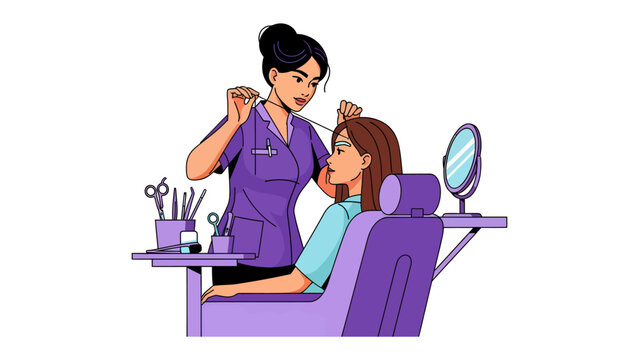 Eyebrow Shaping Service: A beautician meticulously shapes a client's eyebrows using tweezers, creating a defined and polished look in a salon setting, with tools and a mirror on display.