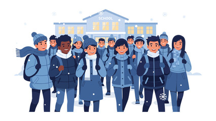 Winter School Arrival: A cheerful group of diverse children, bundled in winter clothing and carrying backpacks, stands outside their schoolhouse amidst gentle snowfall. © abidakhatun