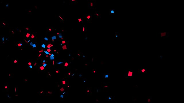 red blue colorful confetti explosion isolated alpha channel loop animation, birthday party and anniversary and oppening celebration overlay motion design element