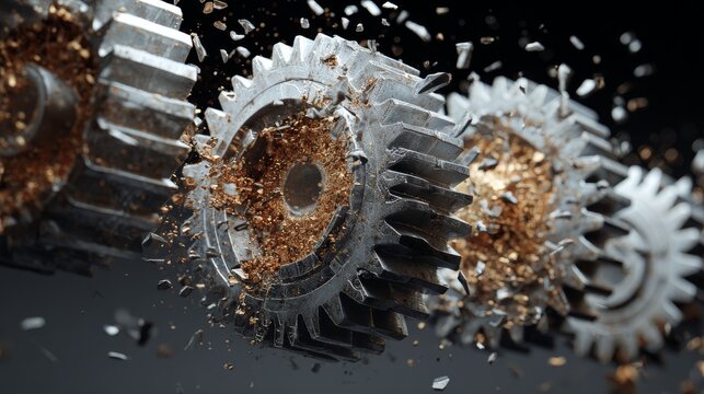 Metallic gears disintegrate, with gold and silver shards suspended against a dark background, suggesting breakage