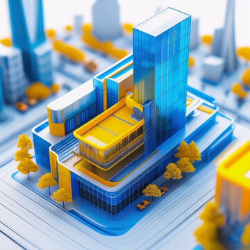 This 3D architectural rendering illustrates a modern city model featuring a high-rise glass skyscraper integrated with smaller, geometric buildings in vibrant blue and yellow colors.
