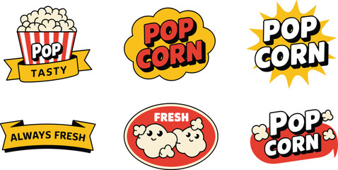 Colorful set of retro popcorn vector stickers featuring comic book style typography and cute cartoon snack characters on white. © Vector Expert