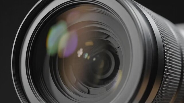 Extreme close-up of a professional DSLR camera lens.
