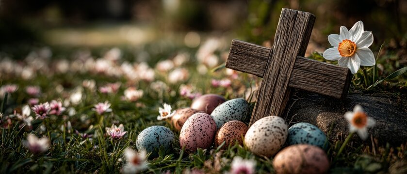A wooden cross nestled amongst Easter eggs in the grass provides a spiritual backdrop for religious cards and festive decorations.