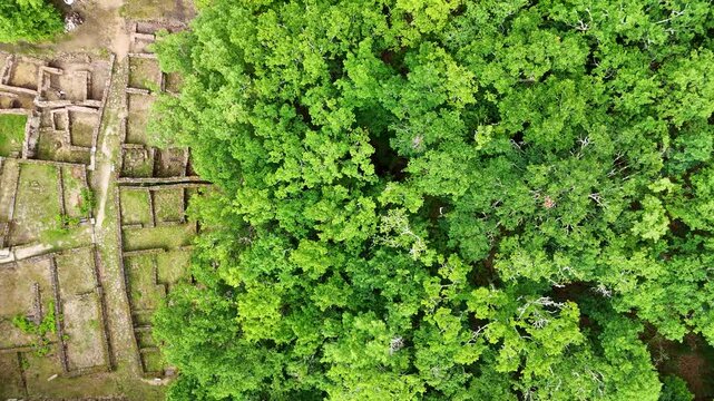 Aerial revealing shot of Castro de Armea ruins in Ourense, Spain