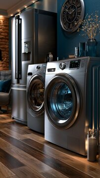 A stainless-steel washing machine and tumble dryer stand next to the fridge in a modern laundry room, providing a functional backdrop for articles on household appliances 