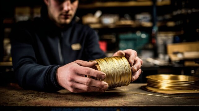 Craftsman's hands holding a large spool of ultra-thin metallic wire, showcasing precision in manufacturing