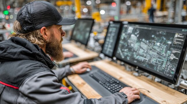 A bearded man in a cap is working at a computer with a 3D model on the screen in a workshop, providing a professional backdrop for articles on CAD design, engineering and modern manufacturing.