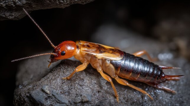 Detailed macro photograph of an earwig insect with characteristic cerci resting on a textured rocky surface.