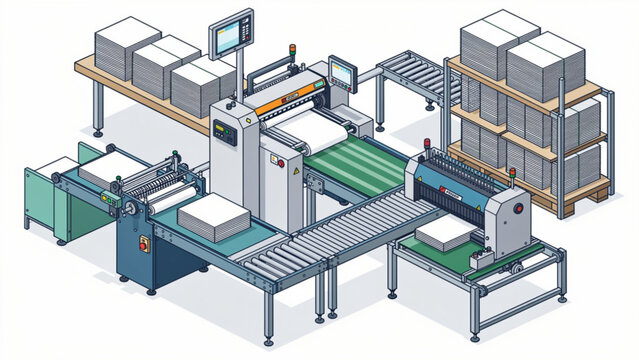 automated printing machine with conveyor belts in industrial setting for manufacturing processes