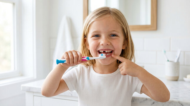 Smiling little girl with missing tooth brushing teeth in bathroom at home