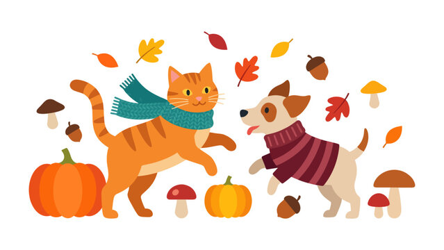 Autumn Companions: A playful cat in a scarf and a dog in a sweater frolic amongst pumpkins, mushrooms, acorns, and falling leaves, celebrating the whimsical spirit of fall.