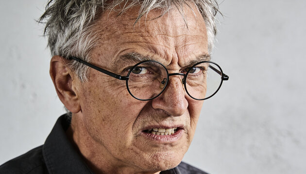 Man wearing glasses with angry facial expression. Portrait of mature Caucasian man looking suspicious or annoyed. Close up human emotion and reaction in studio lighting background.