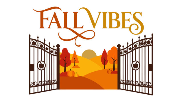 Autumn Gateway Illustration: An inviting graphic illustration depicting an open ornate gate revealing a picturesque autumnal landscape with vibrant trees, rolling hills.