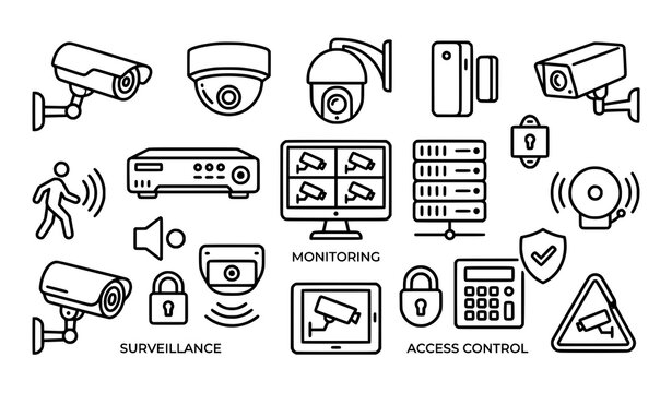 Creative CCTV outline vector icon set with minimalist surveillance symbols