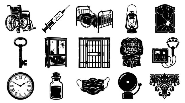 Vintage Mental Asylum  Psychological Horror Icon Set. Monochrome Medical and Madness Themed Illustrations