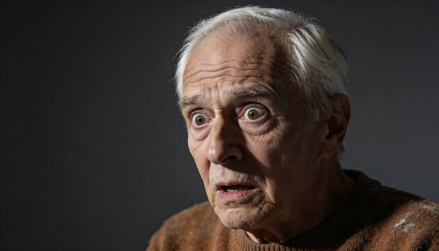 Elderly man with a surprised expression on his face. Portrait of a senior male showing an emotion of shock or amazement. Conceptual human reaction shot in a studio lighting setup.