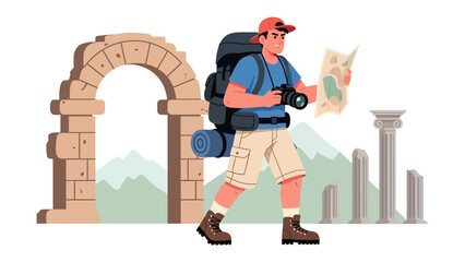 Explorer in Ancient Ruins: A male traveler with a large backpack and camera stands near ancient ruins, consulting a map to navigate through historical landmarks and discover hidden wonders. © Hasib