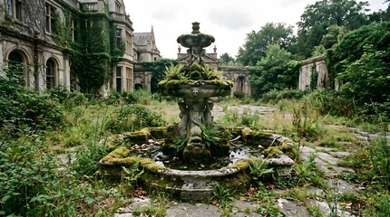 Obraz premium A forgotten, mossy stone fountain in the center of an empty, overgrown courtyard of a grand estate.