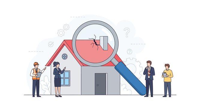 People inspecting a house with magnifying glass.