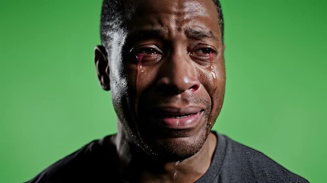 Close up of a Black man crying intensely on a green screen background.