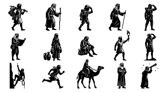Ancient Travelers and Explorers: Monochrome Vector Glyph Illustrations of Historical and Biblical Figures in Action
