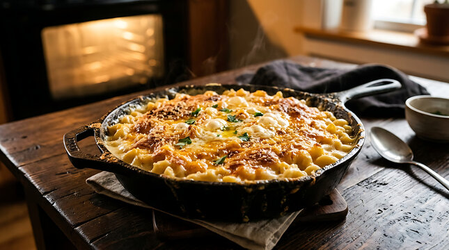 Hot and bubbly baked macaroni and cheese in a cast-iron skillet, fresh from the oven.