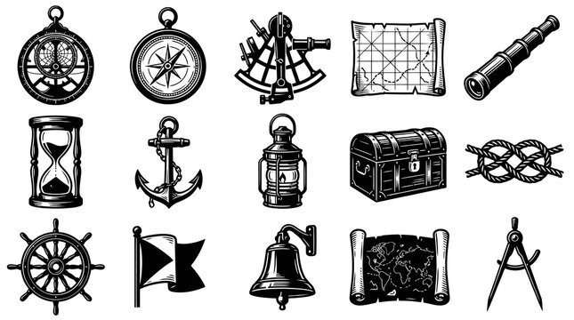 Nautical Marine Navigation and Pirate Treasure Elements Black and White Vintage Engraving Style Set
