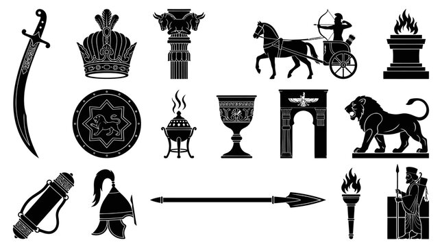 Ancient Persian Empire History Symbols Silhouette Vector Icons Set: Historical Artifacts and Cultural Glyphs