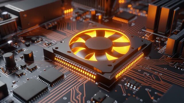 Close‑up of computer motherboard featuring glowing orange cooling fan surrounded by circuits and chips, symbolizing advanced technology, hardware engineering, and digital innovation.
