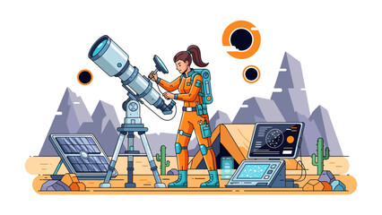 Astronaut Exploring Alien Planet: An astronaut in a specialized suit stands next to a powerful telescope and solar panels. © abidakhatun