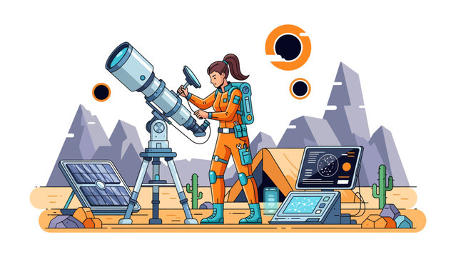Astronaut Exploring Alien Planet: An astronaut in a specialized suit stands next to a powerful telescope and solar panels.
