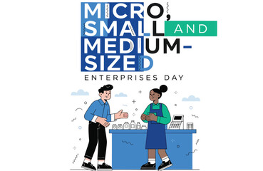 Naklejka premium Small Business Owner and Customer at Retail Counter for Micro, Small and Medium Enterprises Day