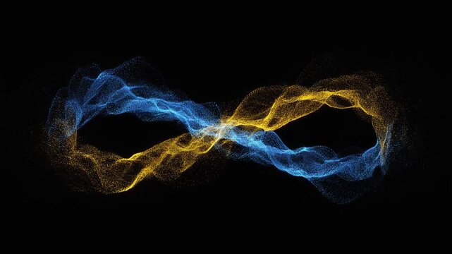 Intertwined blue and yellow luminous waves forming infinity symbol on black background, representing endless energy, balance, motion, and abstract digital continuity.