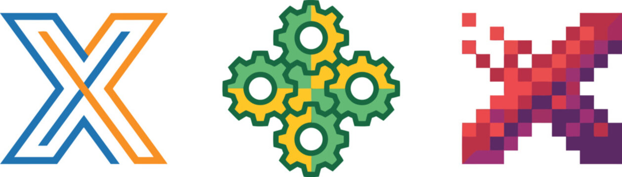 Three distinct graphic illustrations: an intertwined blue and orange 'X' symbol, four interlocking green and yellow gears, and a pixelated red and purple 'X' with a dissolving effect.