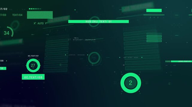 Futuristic green HUD interface display animation with glowing data charts, circular loading progress bars, system code text, digital infographics, and tech control panel elements
